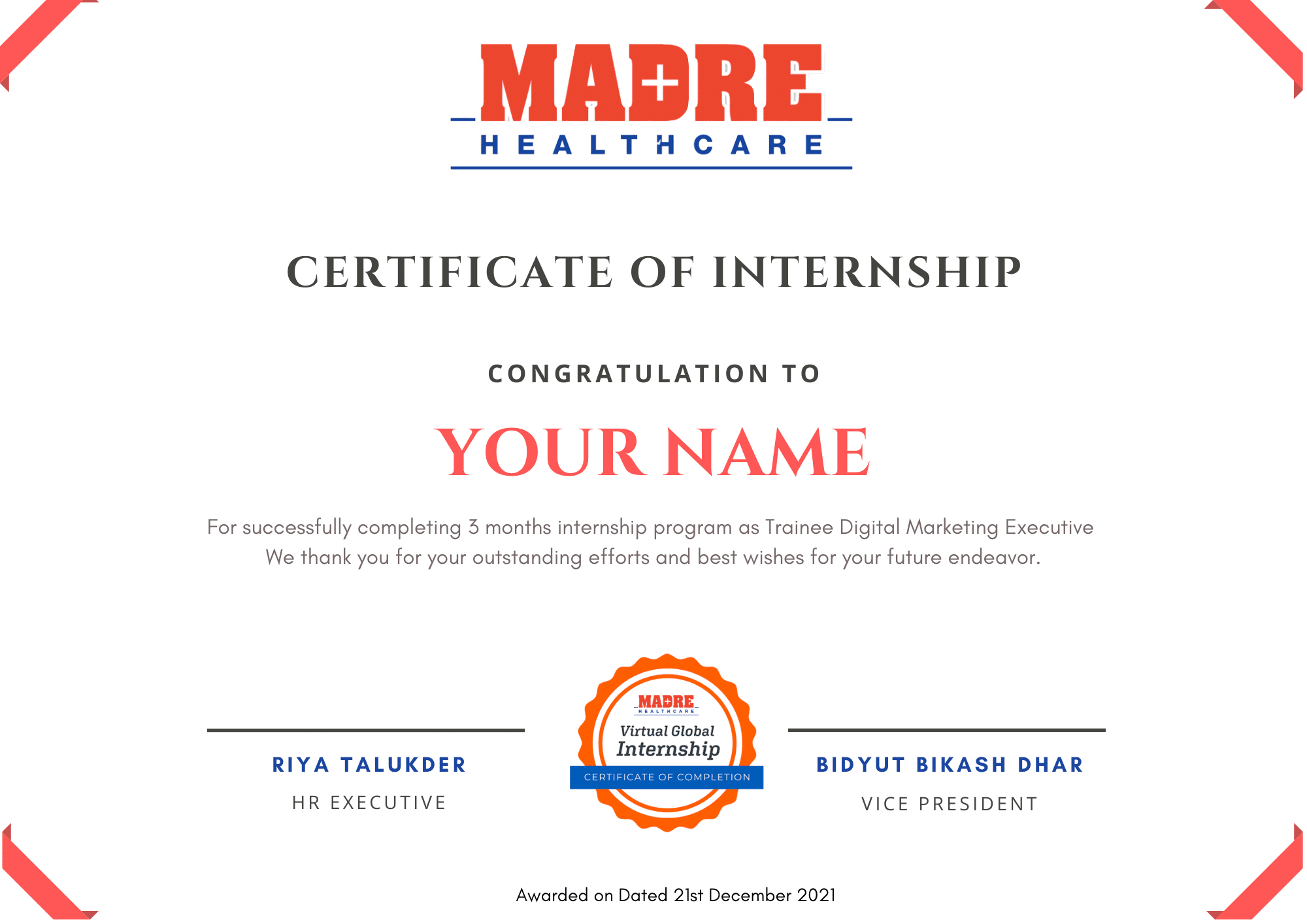 Certificate of Internship - MADRE Healthcare
